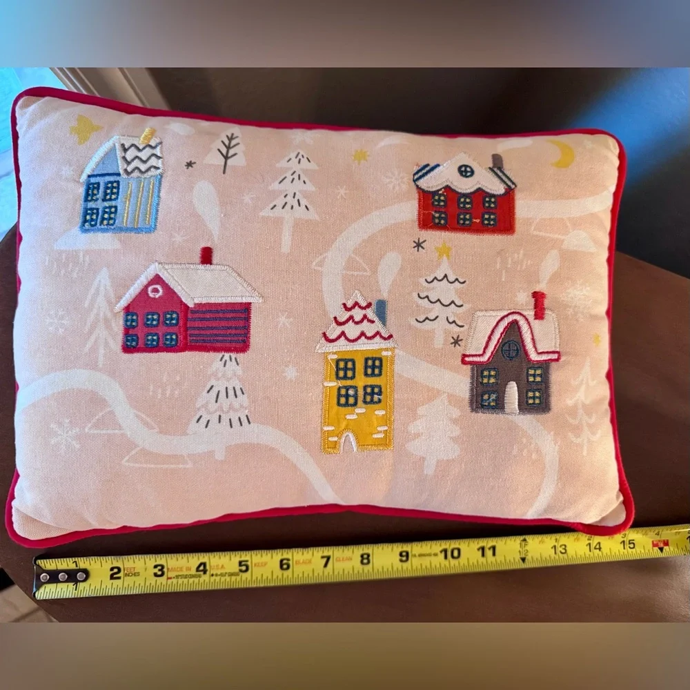 Festive Holiday Pillow with Colorful Houses